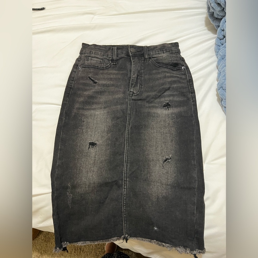 PKC Black Distressed Denim Midi Skirt
